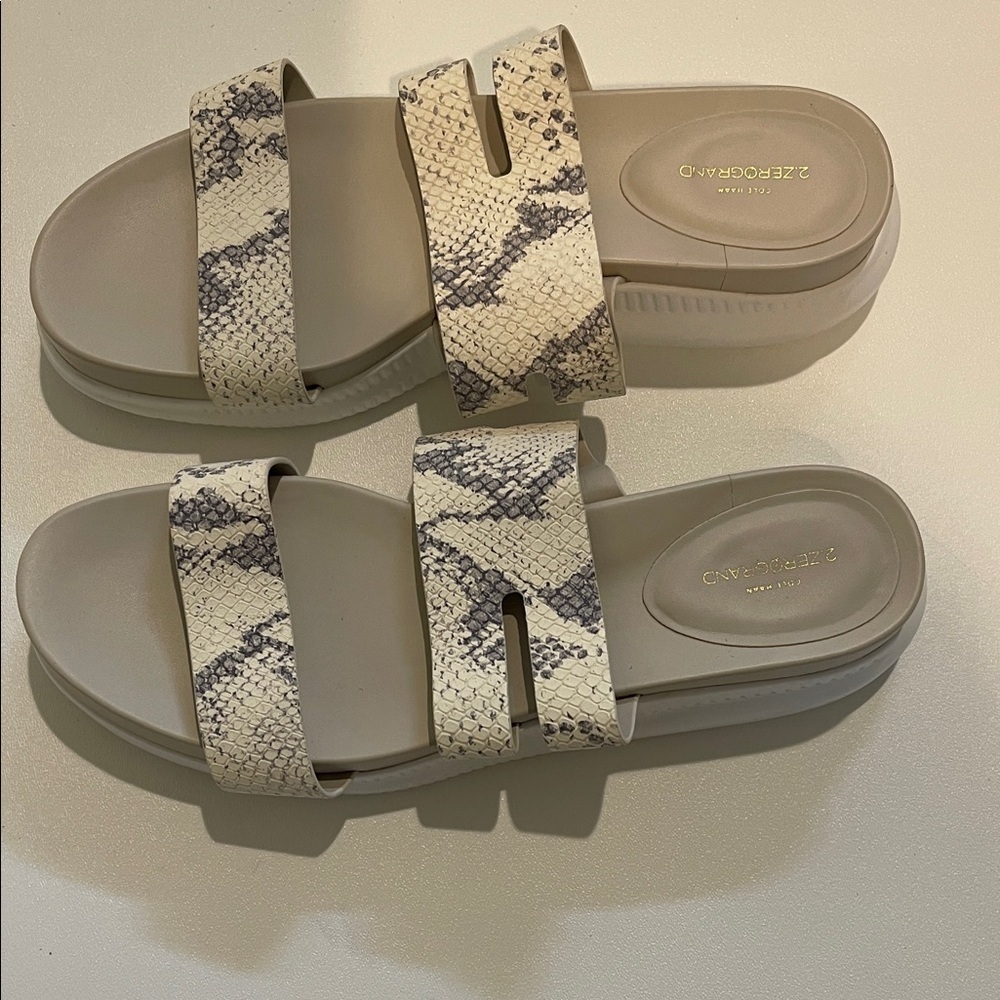 Cole Haan Zerogrand Neutral Snakeskin Double Strap Slide Sandals